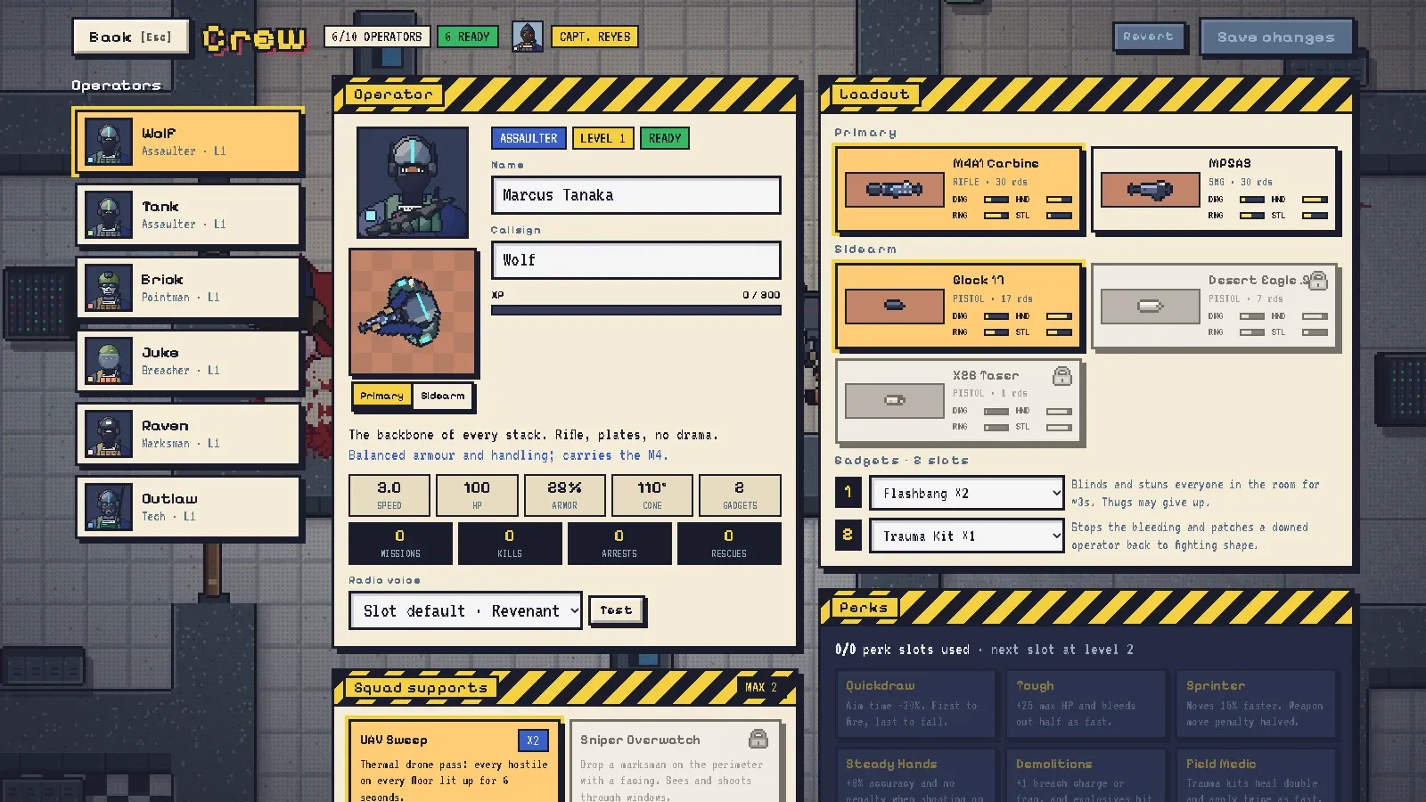 Crew: class kit, primary and sidearm, gadgets, perks and supports