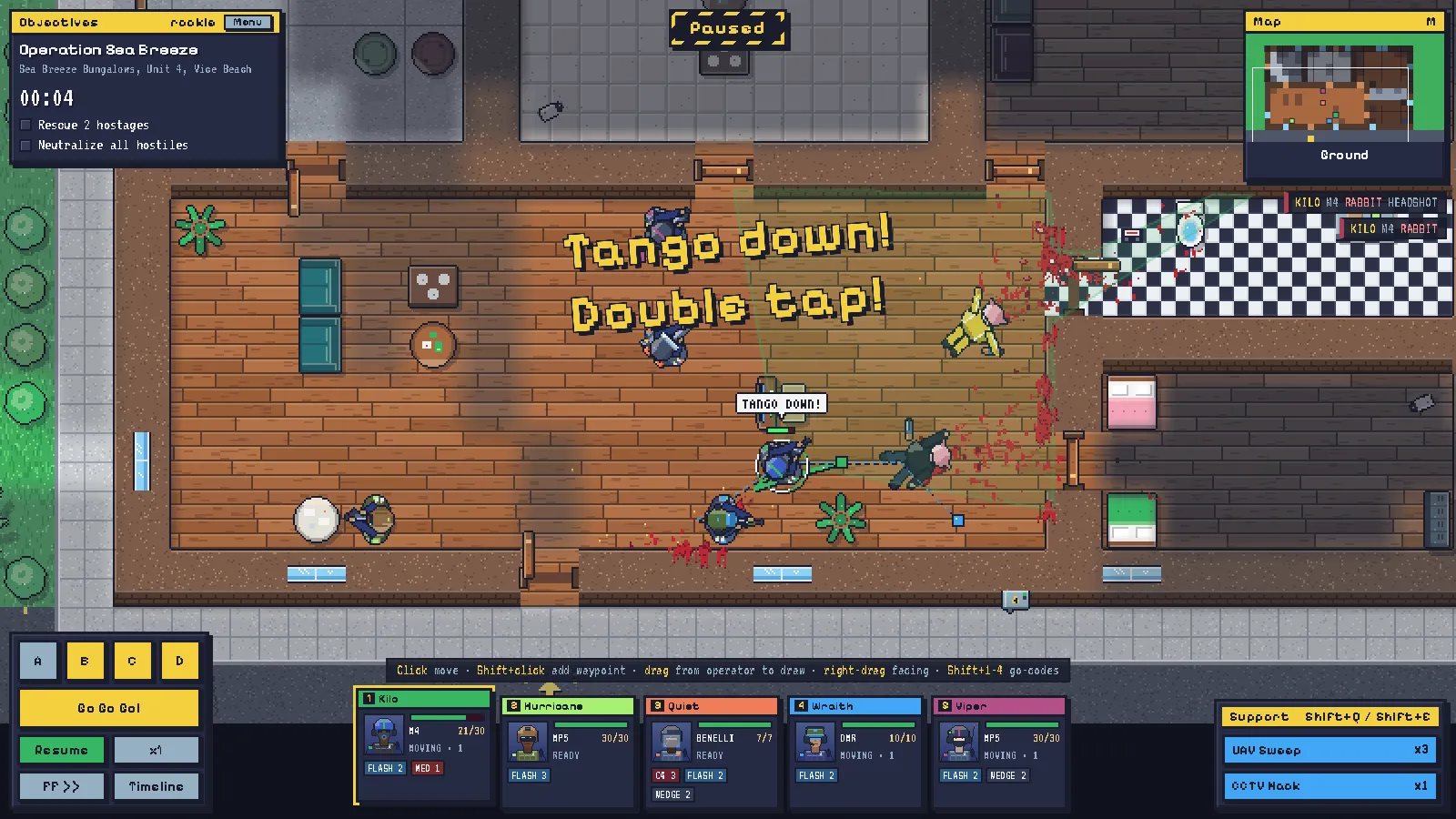 Room clear: animal-masked thugs, comic pops and blood that stays